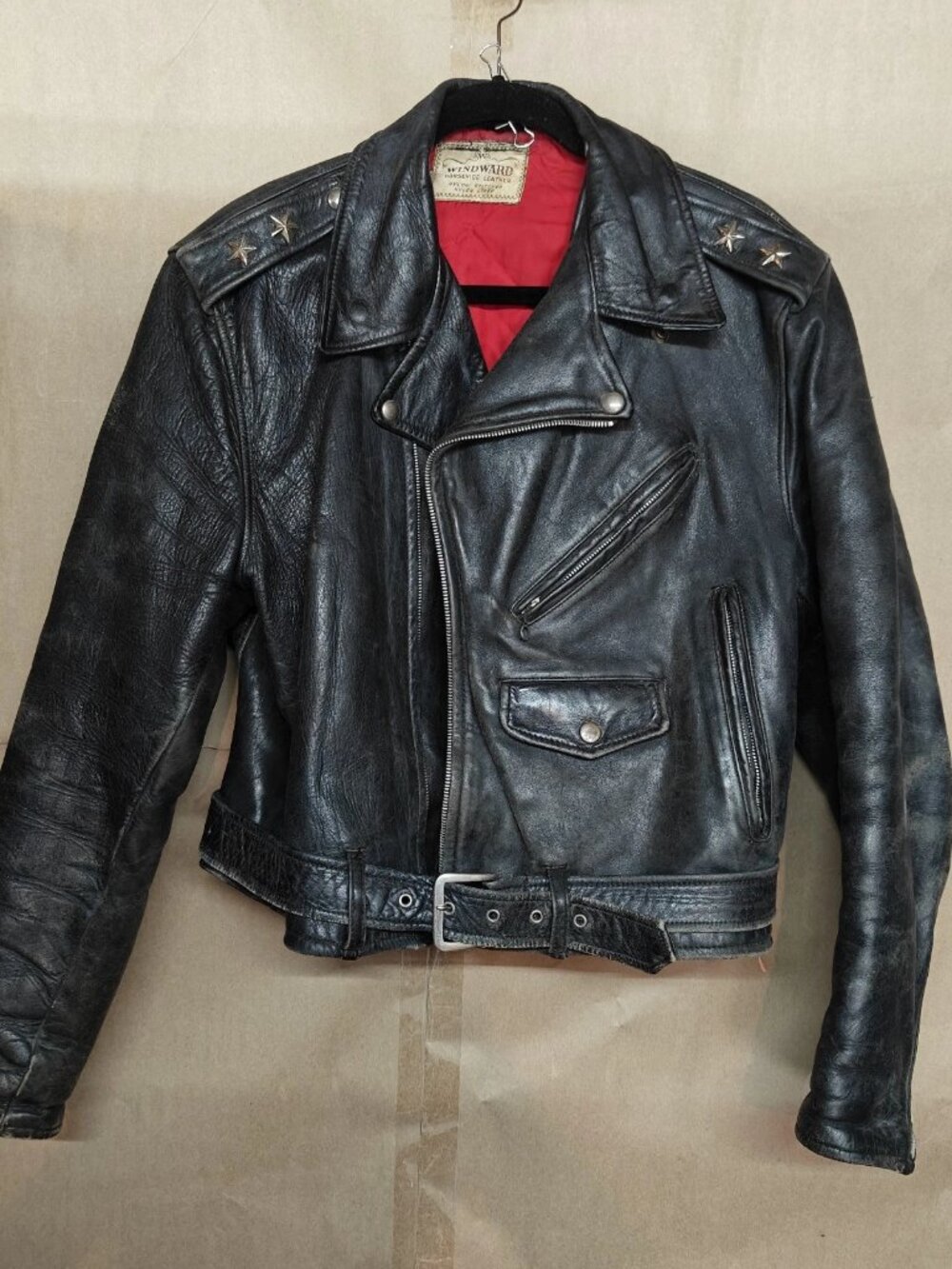 Windward Vintage 1950's Horsehide Leather Star Moto Belted Lined Jacket EUC LOOK